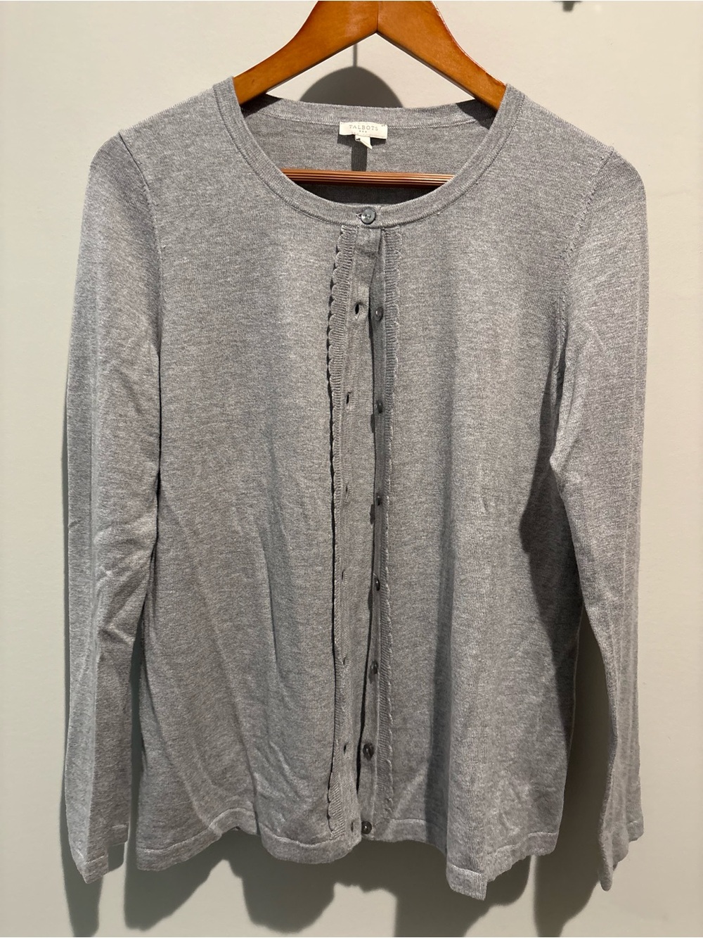 Talbots Light Gray Button-Front Crewneck Cardigan - Women's